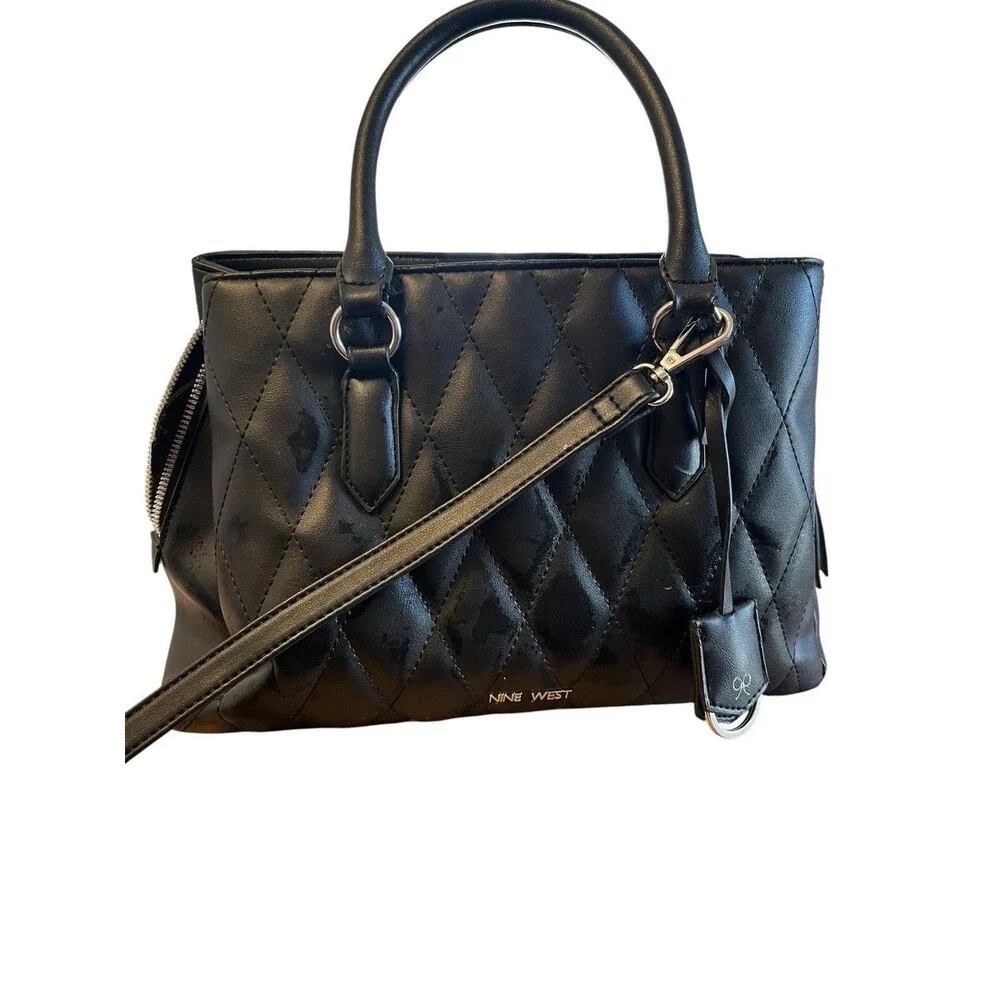 Nine West Black Quilted Satchel Top Handle Bag Detachable Strap Inner Pockets